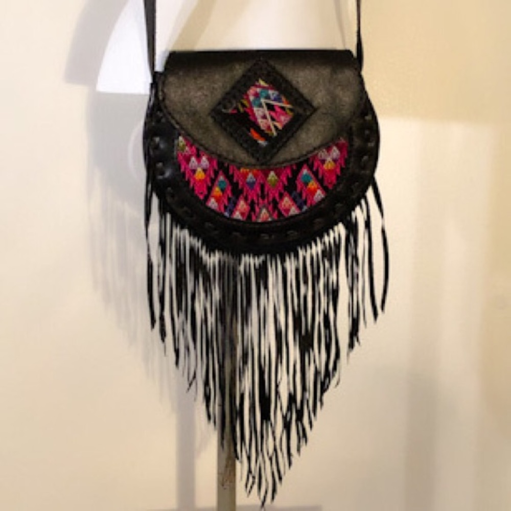 Gypsies & Debutantes Boho Huipil Luna Fringe Festival Crossbody Leather Bag